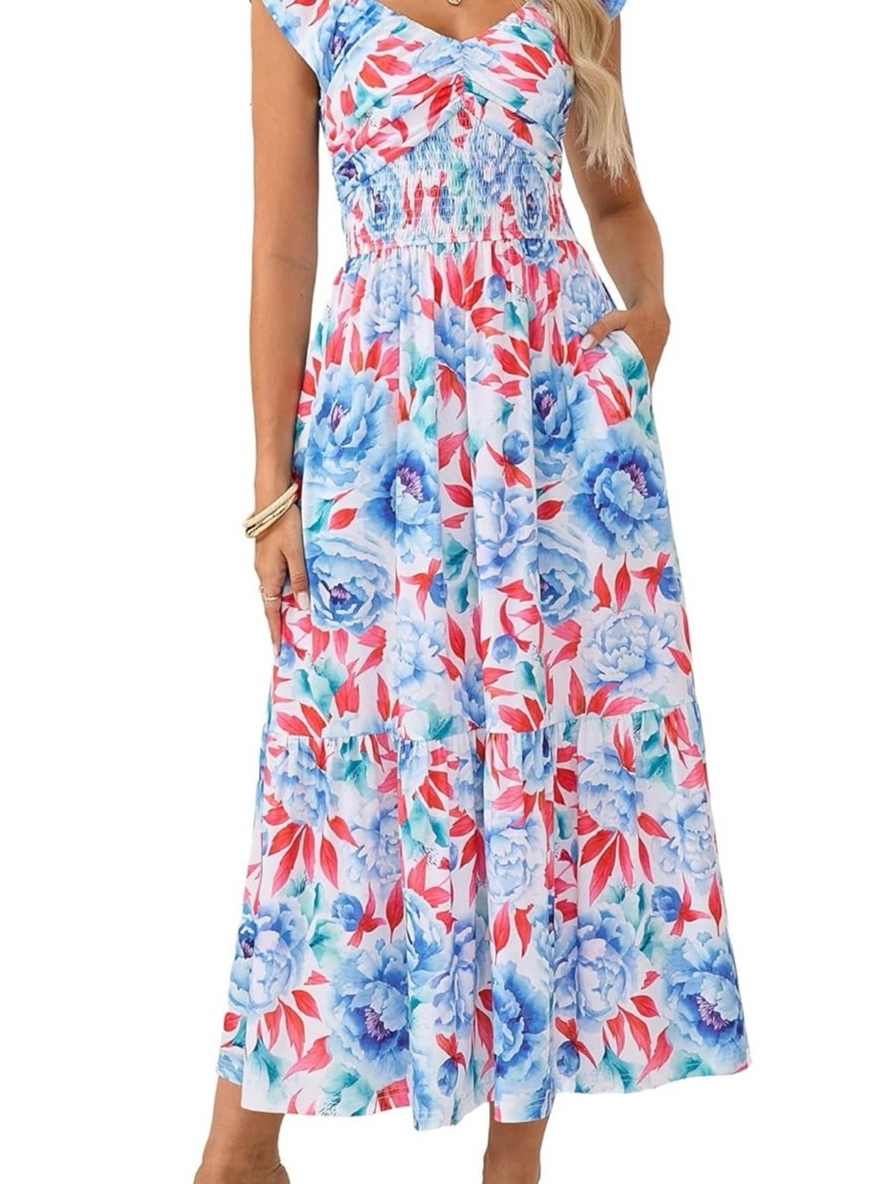 Grace Karin Summer Floral Smocked Maxi Dress in Blue & Red